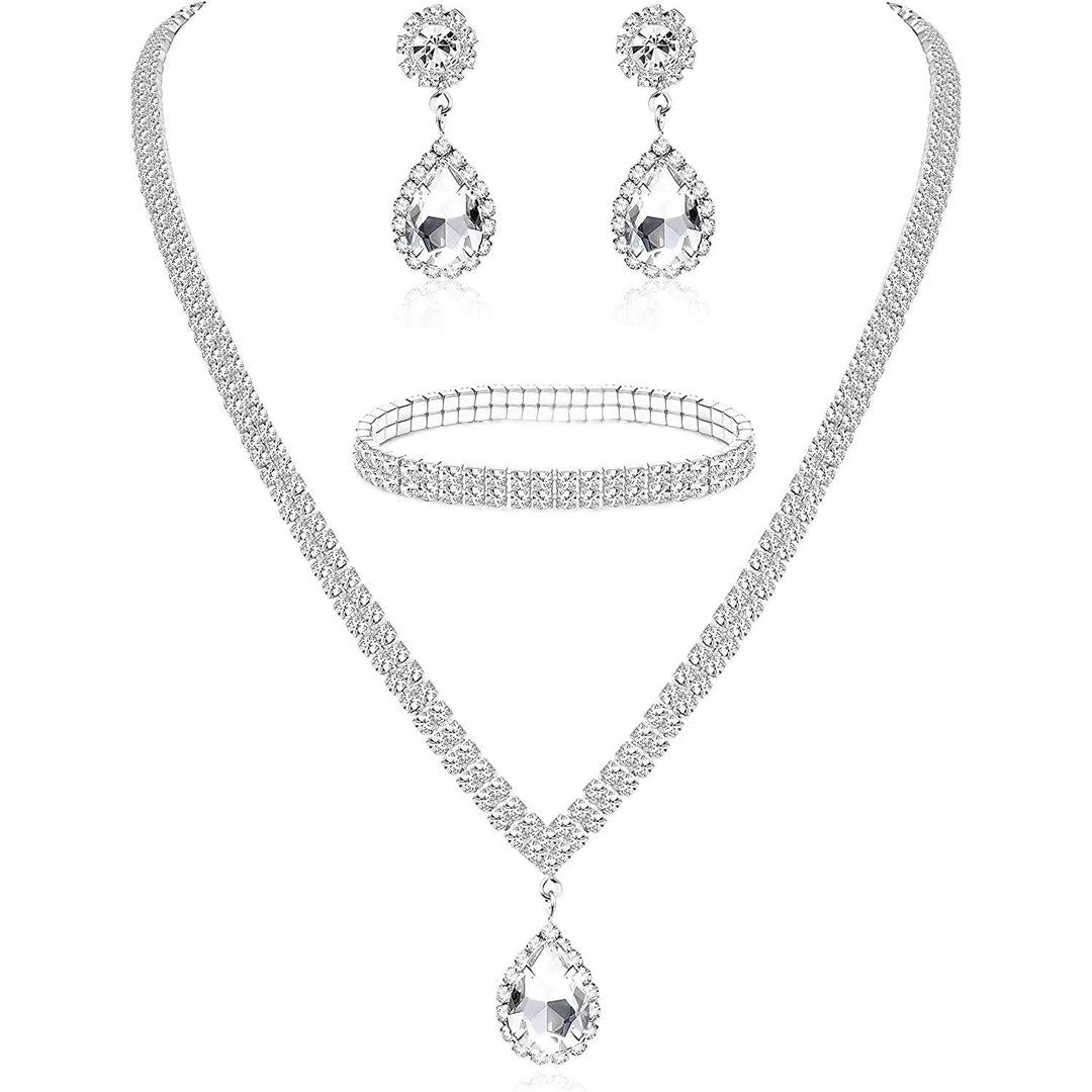 Wedding Bride Diamond Embedded Necklace Earrings Bracelet Set