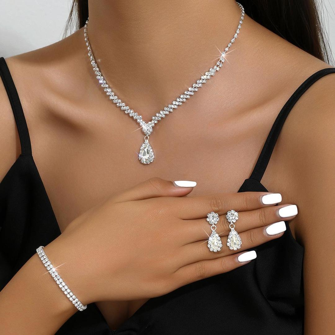 Wedding Bride Diamond Embedded Necklace Earrings Bracelet Set
