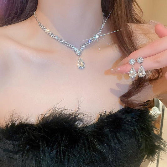 Diamond Water Drop Tassel Necklace Earrings Two-piece Set